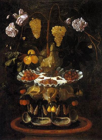 Juan de  Espinosa A fountain of grape vines, roses and apples in a conch shell oil painting image